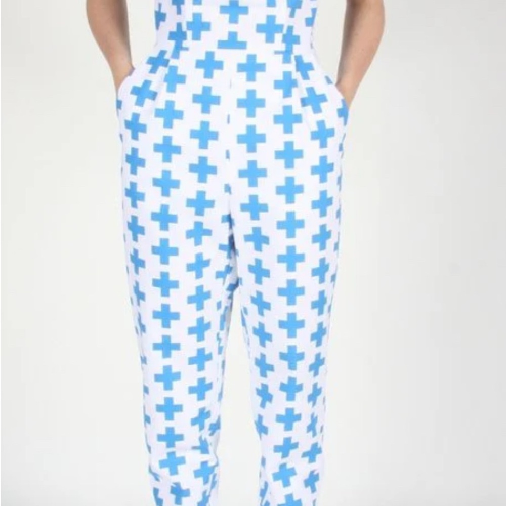 Stylish Blue and White Cross Pattern Jumpsuit